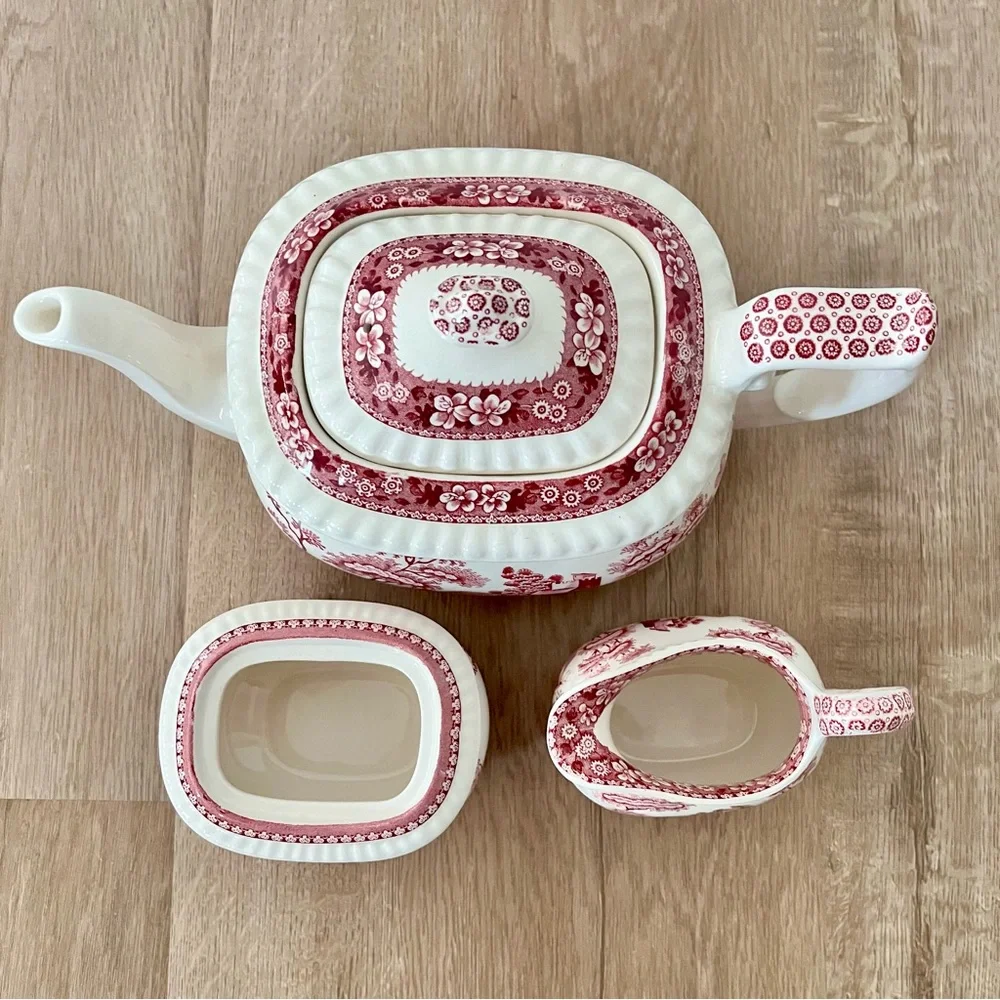 Spode England “ Pink Tower “ 5 Cup Teapot, Creamer, Sugar‎ Bowl Set - Vintage